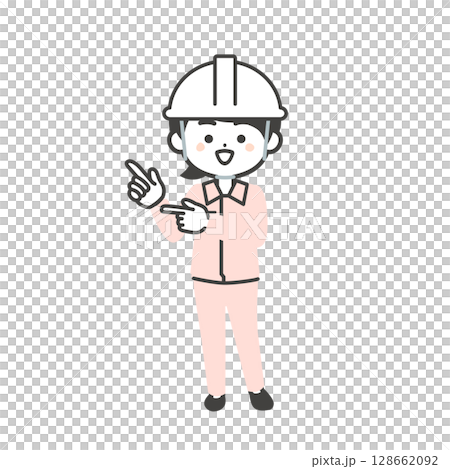 両手の指で指すヘルメットをかぶりスーツの上に作業服を着た3頭身女性のイラスト 128662092