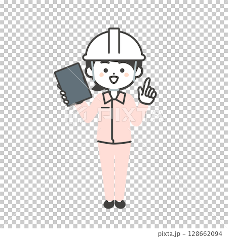 タブレットを持つヘルメットをかぶりスーツの上に作業服を着た3頭身女性のイラスト 128662094