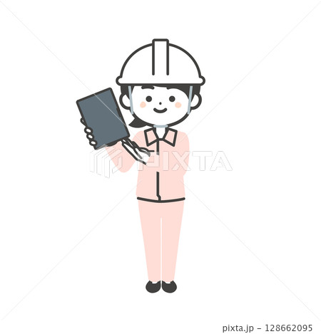 タブレットを指すヘルメットをかぶりスーツの上に作業服を着た3頭身女性のイラスト 128662095