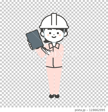 タブレットを指すヘルメットをかぶりスーツの上に作業服を着た3頭身女性のイラスト 128662095