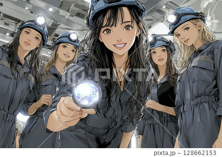 地下工事現場で働く女性のイラスト素材 128662153