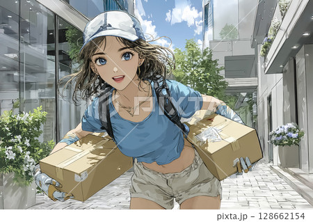 段ボール箱を運ぶ女性のイラスト素材 128662154