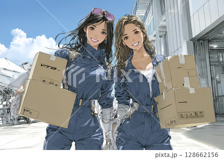 飛行場で小荷物を抱える笑顔の女性のイラスト素材 128662156