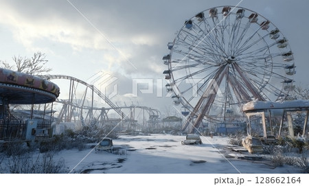 雪の中の小さな遊園地 128662164