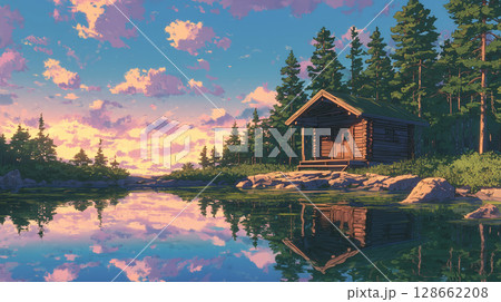 鮮やかな夕焼けが映えるフィンランドの湖畔サウナ小屋 128662208