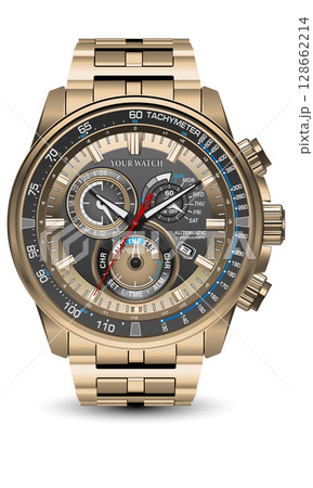 Realistic watch clock chronograph gold black steel blue line white number face for men design luxury on white background vector 128662214