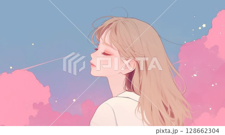 ピンクの雲と流れ星と少女 128662304