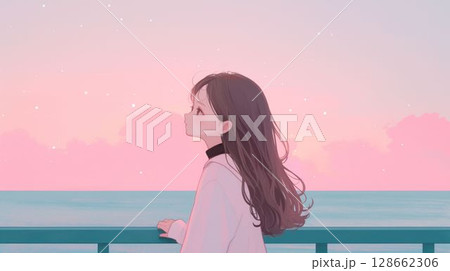 ピンクの海辺で空を見上げる少女 128662306
