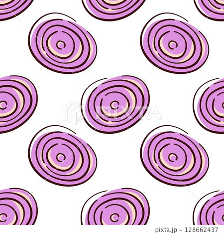 Seamless pattern with flat style onion ring. Perfect for kitchen, textile, food packaging, wallpaper and healthy cooking design. 128662437