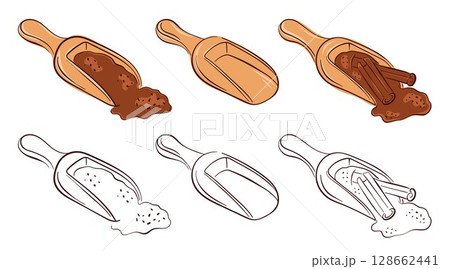 Collection of wooden scoop filled with cinnamon powder and stick in flat style. Perfect for cooking, spice packaging, recipe book and culinary design theme. Collection of wooden scoop filled with cinnamon powder and stick in flat style. Perfect for cooking, spice packaging, recipe book and culinary design theme. 128662441