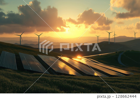 Renewable energy landscape at sunset with solar panels and wind turbines Renewable energy landscape at sunset with solar panels and wind turbines 128662444