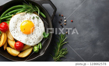 Delicious fried egg served with golden potatoes, green beans, tomatoes, and herbs in a black skillet on dark background Delicious fried egg served with golden potatoes, green beans, tomatoes, and herbs in a black skillet on dark background 128662578
