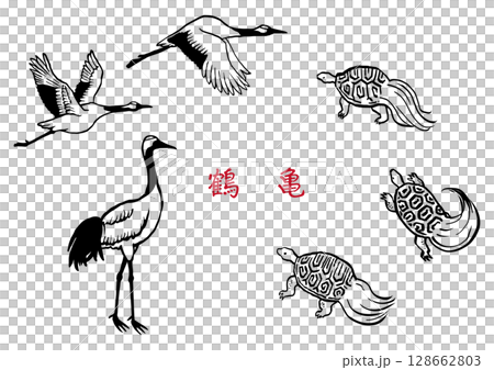 Crane and turtle drawn with a brush - Line drawing 128662803