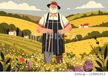 Elderly farmer with shovel standing in a colorful meadow, wearing apron and hat. Cartoon rural landscape with hills, wildflowers, and farmhouses in the background. Vector illustration. 128662813