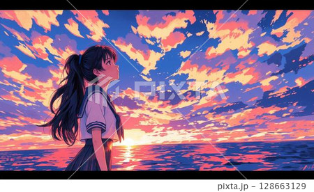 夕焼けを眺める女子高生 128663129
