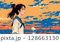 夕日を眺める女子高生 128663130