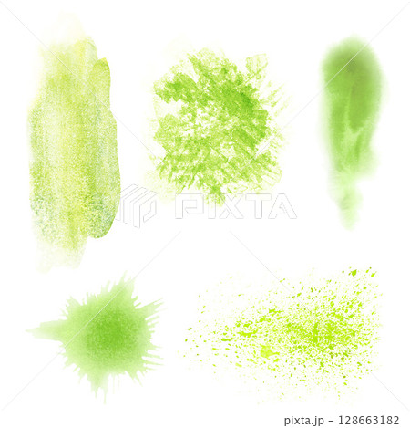 Set of watercolor spots, splashes in fresh green. Background illustrations of green fruits, berries, vegetables. Ideal for botanical prints, home decor, packaging, textiles, or eco-design. 128663182