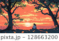 夕焼けを見ながら寄り添うカップル 128663200