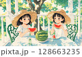 スイカを食べる双子の女の子 128663235