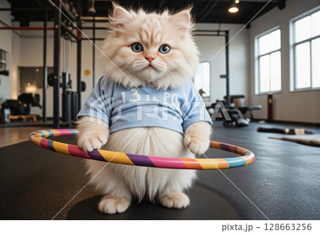 Fluffy kitten working out with colorful hula hoop 128663256