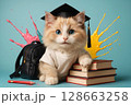 Cute kitten sitting with backpack and pencil ready 128663258