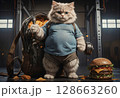 Fluffy kitten training hard next to fast food 128663260