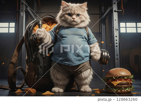 Fluffy kitten training hard next to fast food 128663260