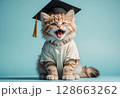Fluffy cat student celebrating school graduation moment 128663262