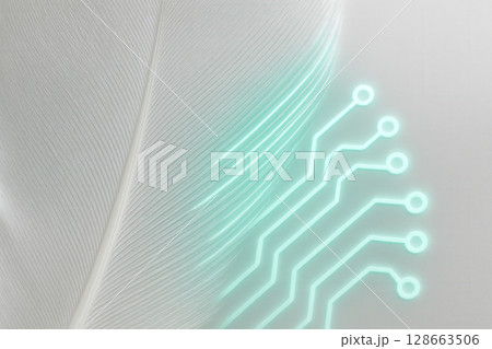 Soft White Feather Merging into Glowing Circuit Board Pattern in Minimalist Composition 128663506