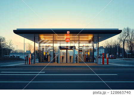 Gas station with charging columns for electric vehicles. 128663740