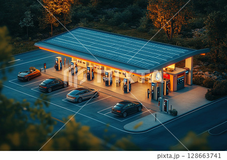 Aerial view of an electric vehicle charging station. Electric vehicle charging station with neon lighting. 128663741