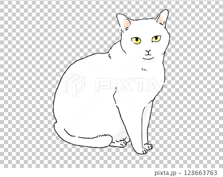 Hand-drawn style white cat sitting facing forward Hand-drawn style white cat sitting facing forward 128663763