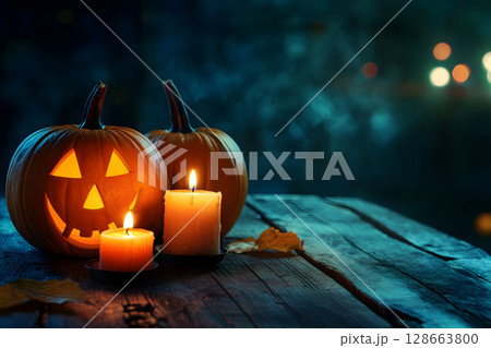 Warm Halloween scene with pumpkins and candles on table, blurred background for easy overlay of text or graphics. 128663800