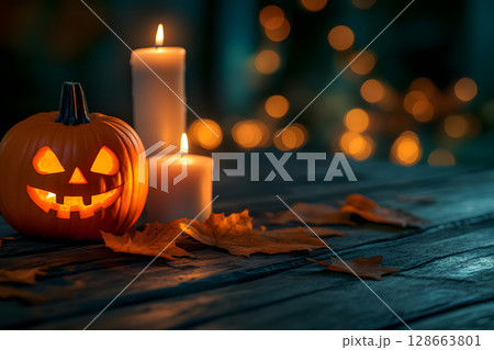 Warm Halloween scene with pumpkins and candles on table, blurred background for easy overlay of text or graphics. 128663801