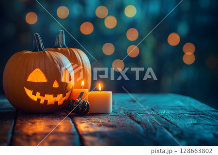 Warm Halloween scene with pumpkins and candles on table, blurred background for easy overlay of text or graphics. 128663802