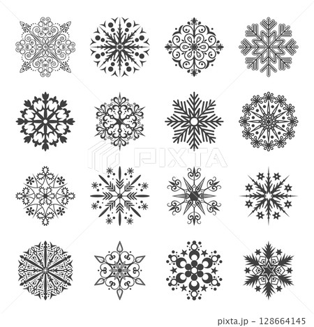 Snowflake Vector Set Isolated on White. Winter Snowflake Collection, Decorative Snowflakes, Christmas Snowflake Illustration, Snowflake Ornament for Holiday Greeting Card, Winter Pattern Design 128664145