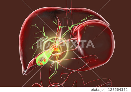 Mirizzi syndrome, 3D illustration showing compression of the common hepatic duct by an impacted gallstone in the cystic duct, causing obstructive jaundice and inflammation. 128664352