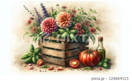Rustic Garden Flowers, Basil, and Tomato Still Life Art 128664523