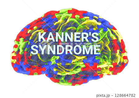 A conceptual 3D illustration featuring the text Kanner's syndrome inside the anatomical model of a human brain with a colorful puzzle pattern on its surface A conceptual 3D illustration featuring the text Kanner's syndrome inside the anatomical model of a human brain with a colorful puzzle pattern on its surface 128664782
