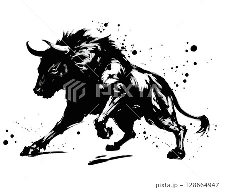 横向き・疾走する牛の墨絵風ベクターイラスト 128664947