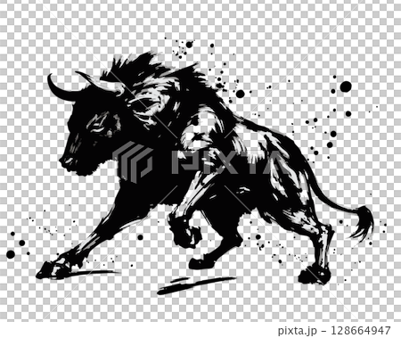 横向き・疾走する牛の墨絵風ベクターイラスト 128664947