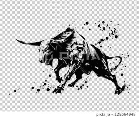Vector illustration of a cow running sideways in ink painting style 128664948
