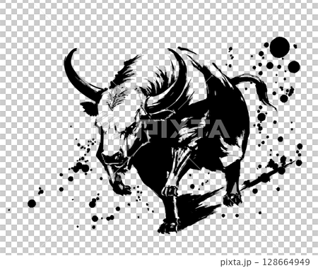 A sumi-e style vector illustration of a cow with a sharp gaze 128664949