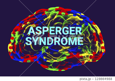 A conceptual 3D illustration featuring the text Asperger Syndrome inside the anatomical model of a human brain, highlighting the neurological basis of the condition 128664988