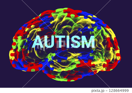 A conceptual 3D illustration featuring the text Autism inside the anatomical model of a human brain with a colorful puzzle pattern on its surface 128664999
