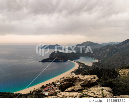 beautiful landscape from babadag mountain to Oludeniz beach in Turkey 128665282