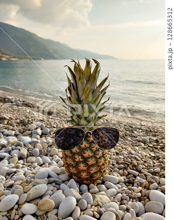 close up of a beautiful fresh pineapple on the beach wearing sunglasses close up of a beautiful fresh pineapple on the beach wearing sunglasses 128665312