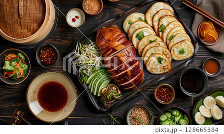 Peking Duck with Mandarin Pancakes: Bird's-Eye View Peking Duck with Mandarin Pancakes: Bird's-Eye View 128665384