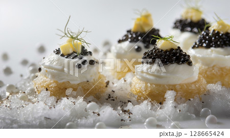 Classic Caviar Service on a clean white backdrop, featuring blinis topped with creme fraiche and caviar, arranged on crushed ice, with finely chopped egg whites and yolks 128665424
