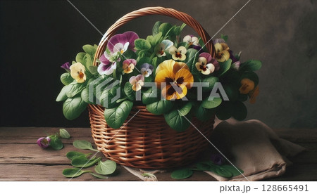 Rustic Basket of Colorful Pansies on Wooden Table 128665491